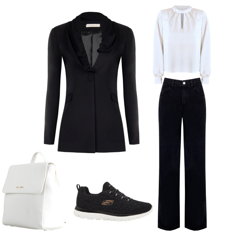 Outfit donna - Lavoro. Stile Casual per Ufficio. look ideale per Tall. Abbinamento con sneakers, zaini, blazer, jeans dritti, bluse.