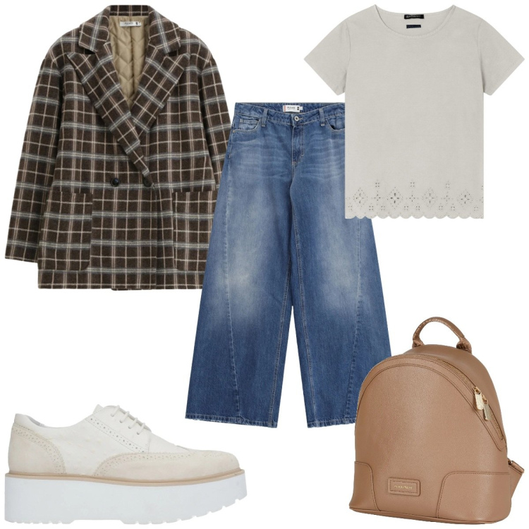 Outfit donna - Total look #2319327. Stile Casual per Tutti i giorni. Abbinamento con scarpe stringate, zaini, jeans, blazer, t-shirt.