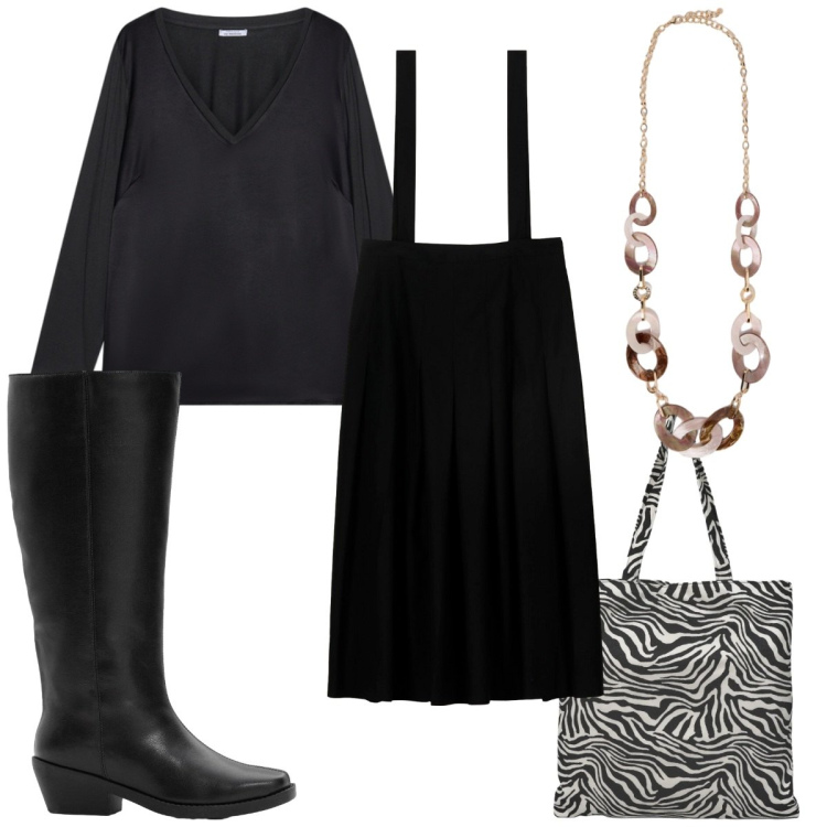 Outfit donna - Total look #2319329. Stile Trendy per Tutti i giorni. Abbinamento con stivali, borse tote, gonne lunghe, collane, bluse.