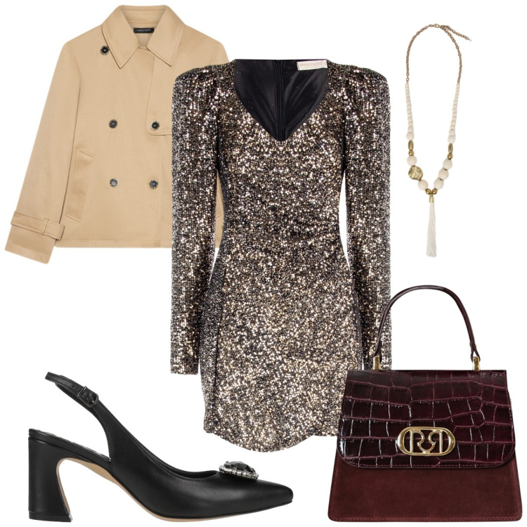 Outfit donna - Total look #2319331. Stile Glamour per Serata fuori. Abbinamento con décolleté, borse a mano, vestiti corti, trench, ciondoli.