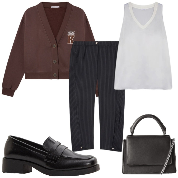 Outfit donna - Total look #2319332. Stile Preppy per Ufficio. Abbinamento con mocassini, borse a tracolla, cardigans, pantaloni, top.