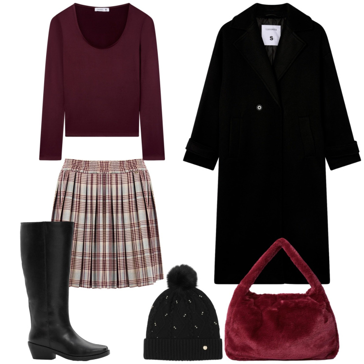 Outfit donna - Total look #2319333. Stile Chic per Tutti i giorni. Abbinamento con stivali, t-shirt, cappotti, minigonne, berretti, borse a spalla.