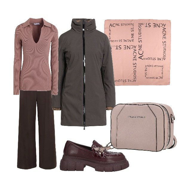 Outfit donna - caffe\' nero. Stile Basic per Tutti i giorni. Abbinamento con parka, marsupi, pullovers, mocassini, pantaloni, sciarpe.