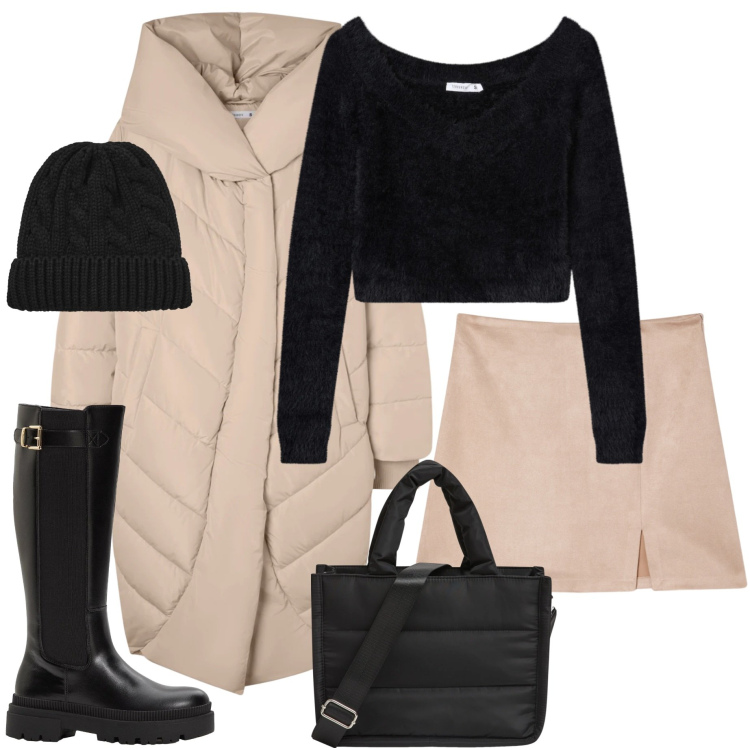 Outfit donna - Urban style. Stile Urban per Ufficio. Abbinamento con stivali, minigonne, cappotti, shopping bag, maglieria, berretti.