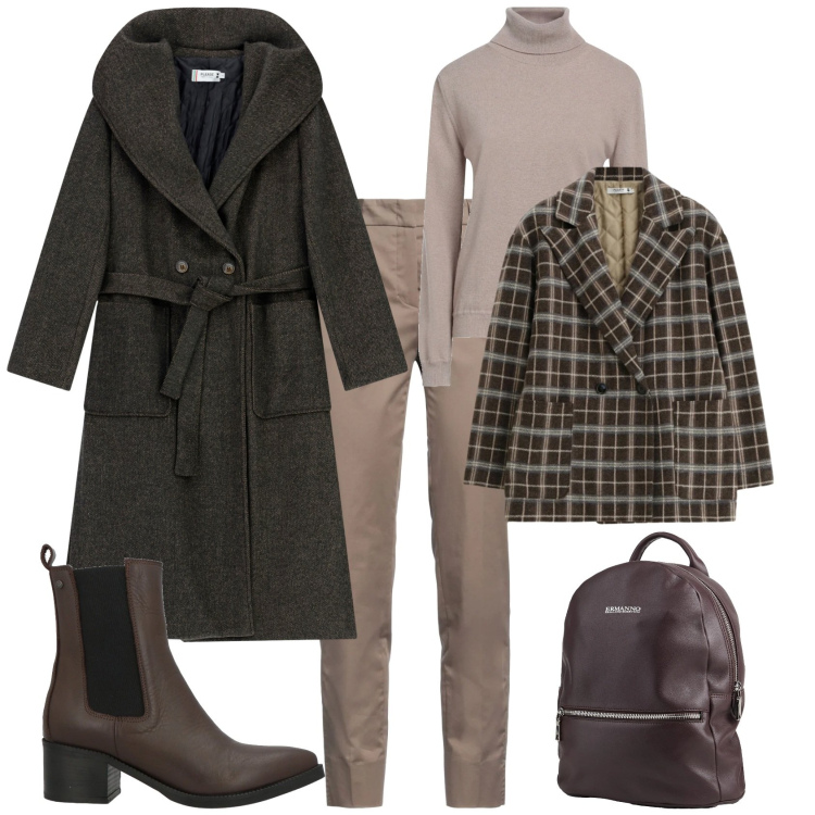 Outfit donna - Toni marrone beige per l ufficio. Stile Mannish per Ufficio. Abbinamento con stivaletti chelsea, pantaloni, maglieria, zaini, cappotti, blazer.