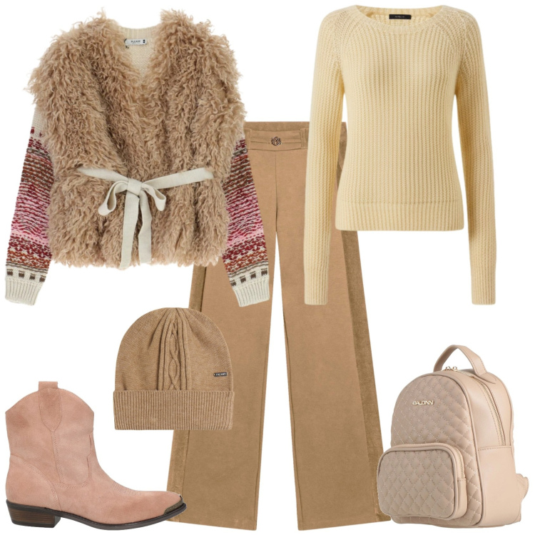 Outfit donna - Sporty chic tempo libero. Stile Sporty chic per Tutti i giorni. Abbinamento con zaini, stivaletti texani, maglieria, berretti, pantaloni, maglieria.