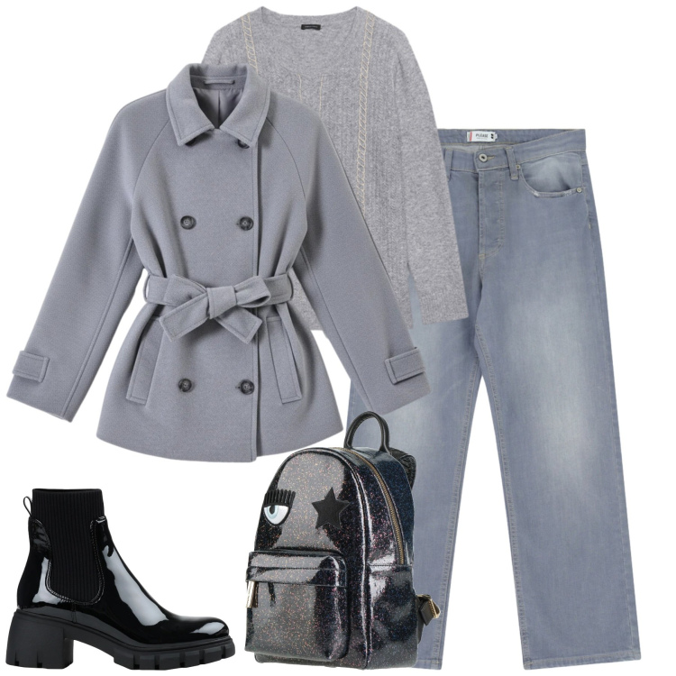 Outfit donna - Total look #2319348. Stile Casual chic per Tutti i giorni. Abbinamento con stivaletti, zaini, jeans dritti, caban, maglieria.