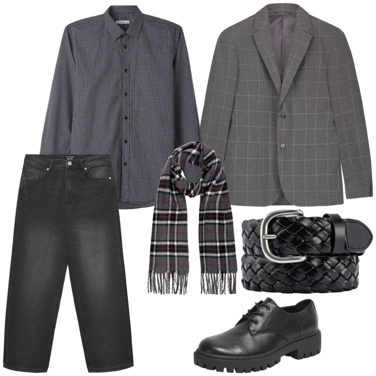 Outfit uomo - Appuntamento di lavoro. per Ufficio. Abbinamento con scarpe stringate, jeans dritti, camicie, giacche, sciarpe, cinture.