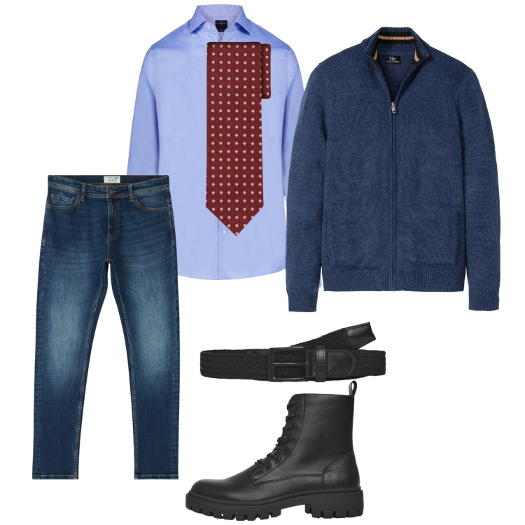 Outfit uomo - Ristorante. per Serata speciale. Abbinamento con cardigans, jeans skinny, cinture, anfibi, camicie, cravatte.