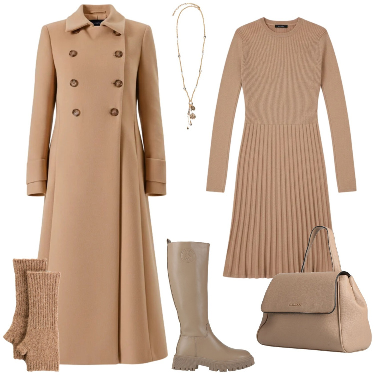 Outfit donna - Minimal chic ogni giorno in ufficio. Stile Minimal per Tutti i giorni. Abbinamento con guanti, stivali, zaini, cappotti, vestiti corti, ciondoli.