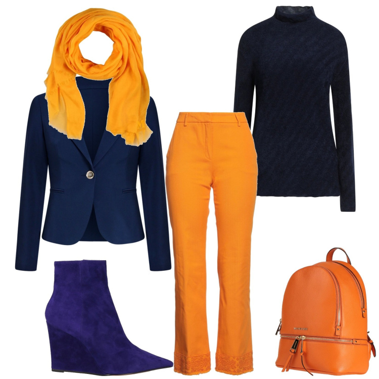 Outfit donna - Total look #2319363. Stile Chic per Ufficio. Abbinamento con zaini, sciarpe, stivaletti, maglieria, pantaloni, blazer.