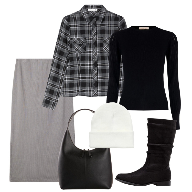 Outfit donna - Bianco e nero. Stile Chic per Tutti i giorni. Abbinamento con shopping bag, stivali, camicie, gonne longuette, berretti, pullovers.