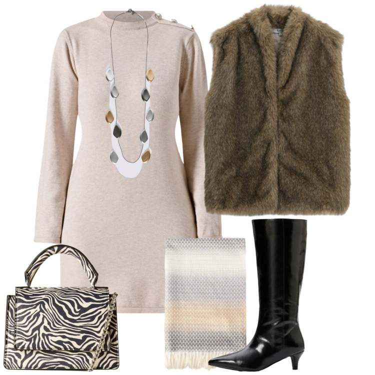 Outfit donna - Gennaio. Stile Bon Ton per Tutti i giorni. Abbinamento con stivali, borse a tracolla, blazer, vestiti corti, collane, sciarpe.