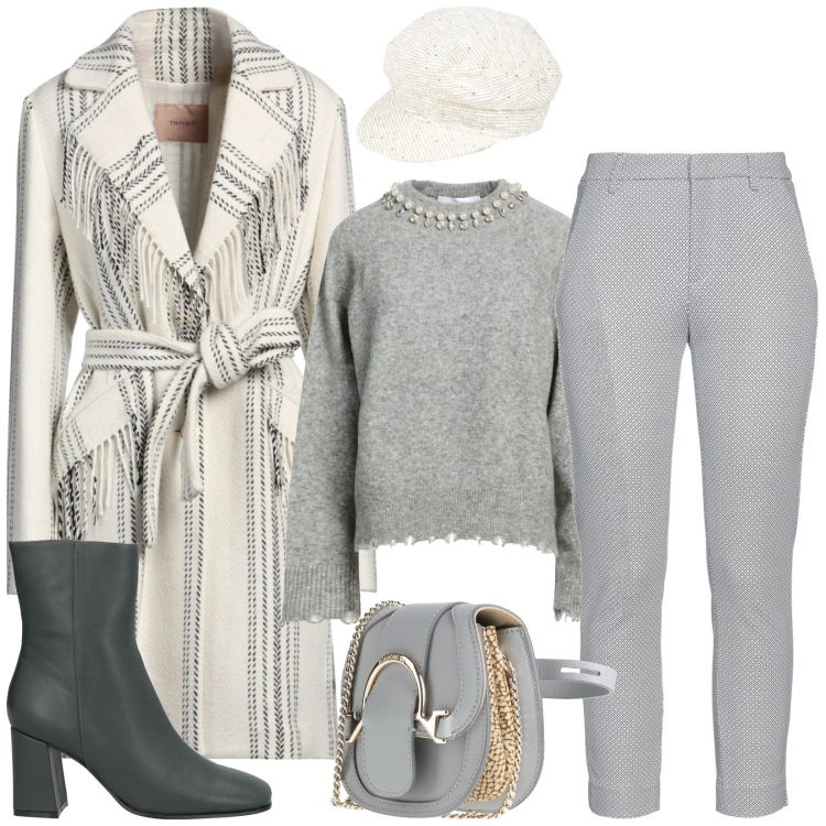Outfit donna - Total look #2319371. Stile Chic per Ufficio. Abbinamento con pullovers, pantaloni skinny, cappelli, cappotti, marsupi, stivaletti.