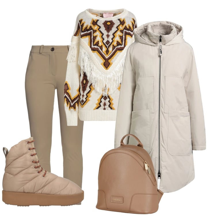 Outfit donna - Confortevole sotto la neve - Focus Donna. Stile Casual per Tutti i giorni. Abbinamento con parka, stivaletti, pantaloni skinny, zaini, pullovers.