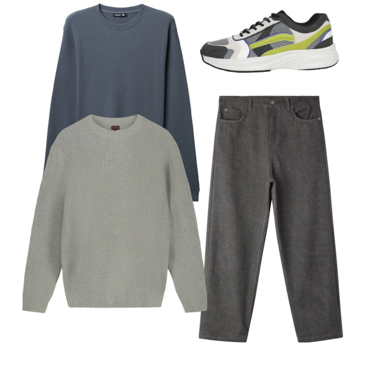 Outfit uomo - Total look. Stile Casual per Tutti i giorni. Abbinamento con maglieria, sneakers, pantaloni, maglieria.