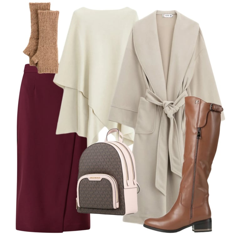 Outfit donna - Un pull a poncho. Stile Chic per Tutti i giorni. Abbinamento con guanti, stivali, zaini, cappotti, maglieria, gonne.