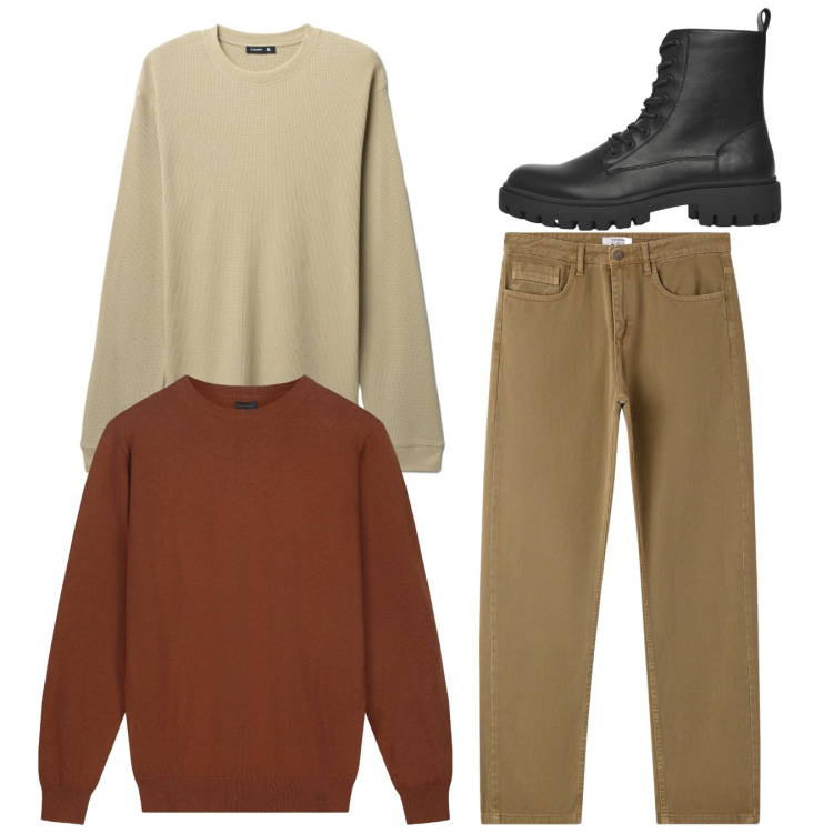 Outfit uomo - Total. Stile Casual per Tutti i giorni. Abbinamento con anfibi, maglieria, jeans dritti, maglieria.