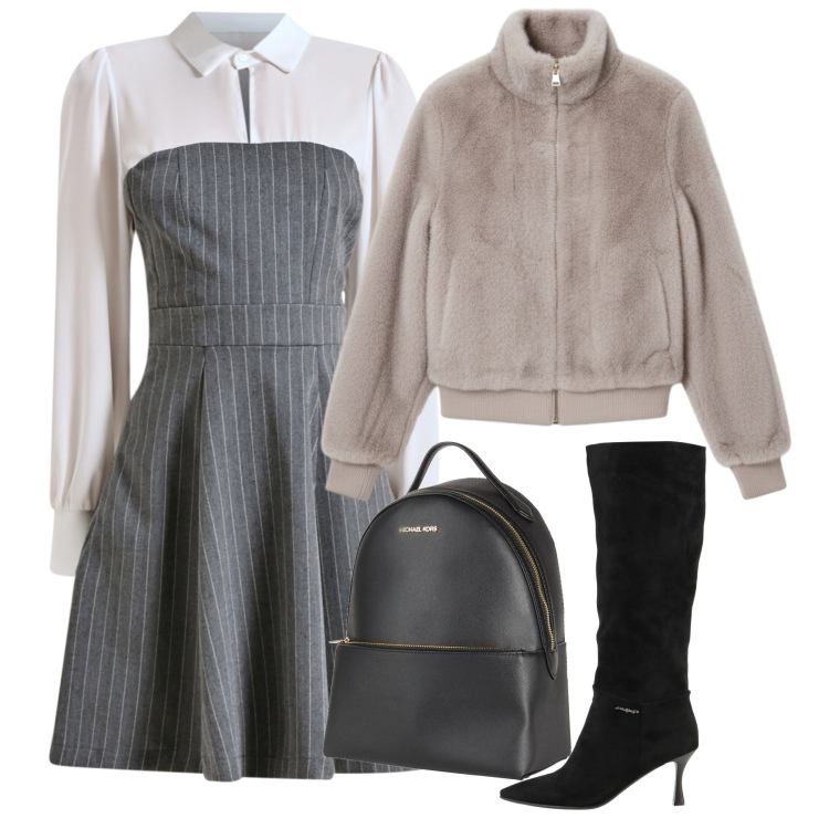 Outfit donna - Gessato chic. Stile Bon Ton per Ufficio. Abbinamento con zaini, stivali, bomber, vestiti corti.