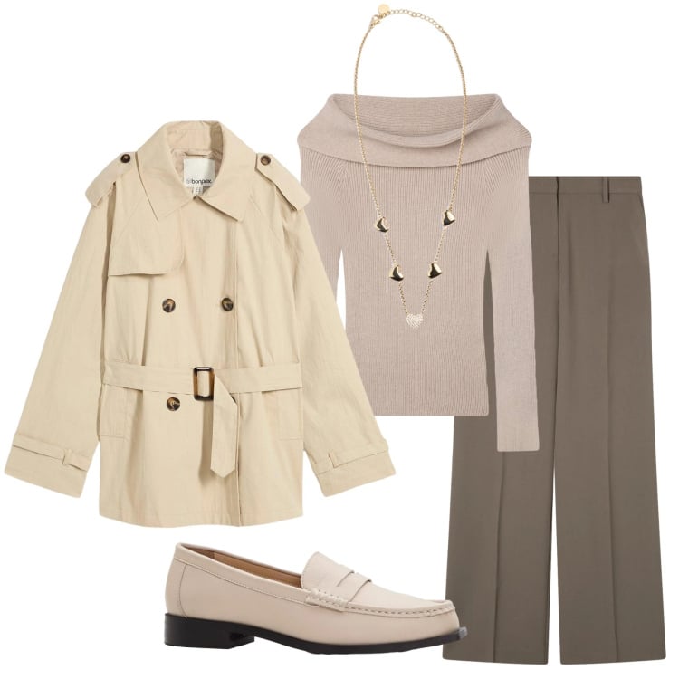 Outfit donna - Colori neutri. Stile Casual chic per Tutti i giorni. Abbinamento con trench, mocassini, pantaloni a palazzo, maglieria, collane.