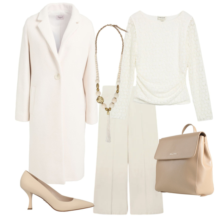 Outfit donna - Il cappotto bianco che illumina. Stile Chic per Serata fuori. Abbinamento con maglieria, décolleté, zaini, cappotti, pantaloni chino, ciondoli.