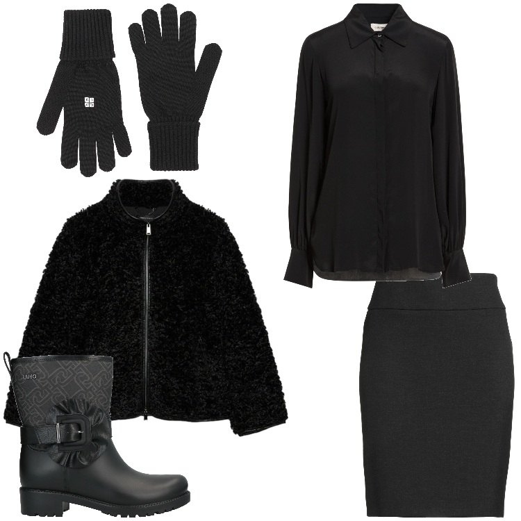 Outfit donna - Nero sulla neve. Stile Chic per Ufficio. Abbinamento con guanti, minigonne, camicie, stivaletti, ecopellicce.