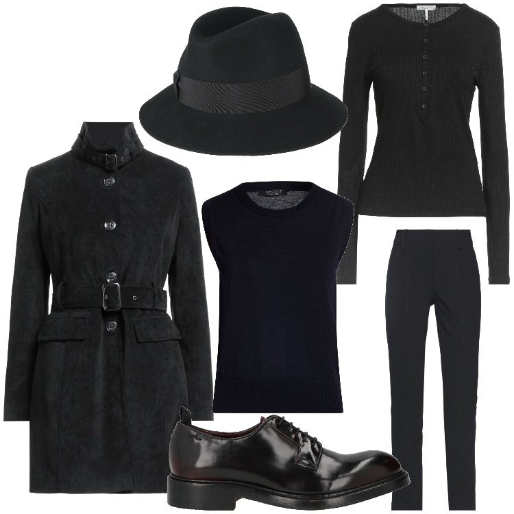 Outfit donna - Mannish in black. Stile Mannish per Ufficio. Abbinamento con cappotti, cappelli, pantaloni, pullovers, scarpe stringate, pullovers.