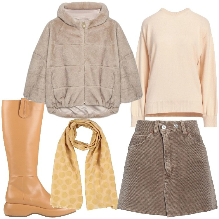 Outfit donna - Sfumature marroni. Stile Casual per Tutti i giorni. Abbinamento con stivali, sciarpe, minigonne, pullovers, ecopellicce.