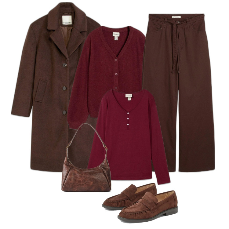 Outfit femme - Marron Bordeaux. Style Tendance pour Tous les jours. Assortir avec sacs à main, manteaux, pulls, pantalon , t-shirts, mocassins.