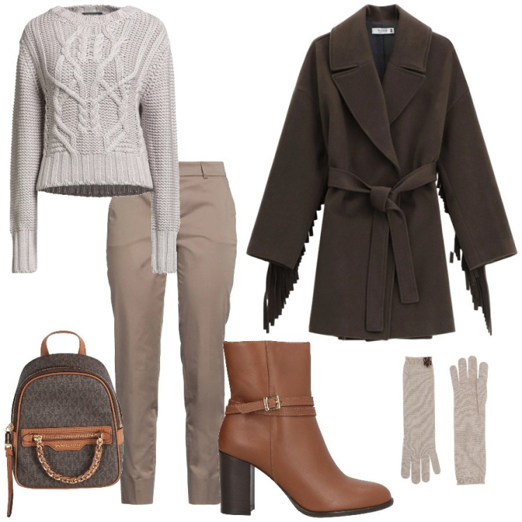 Outfit donna - Tonalità marroni per scaldarsi. Stile Casual per Tutti i giorni. Abbinamento con zaini, pullovers, pantaloni, stivaletti, guanti, cappotti.