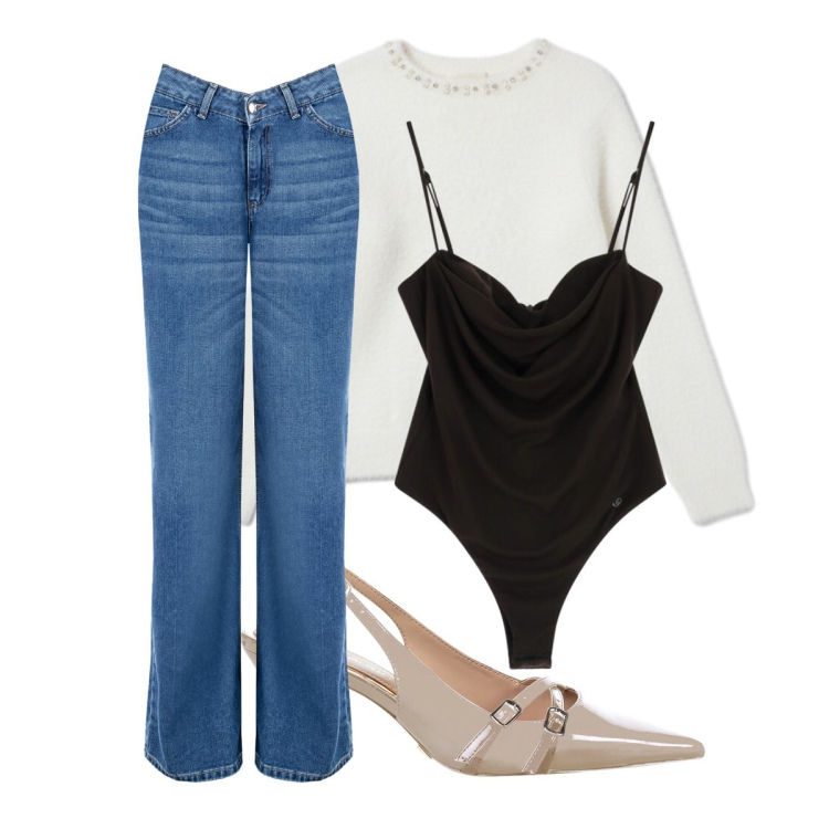 Outfit donna - I saldi sono iniziati. Stile Basic per Ufficio. Abbinamento con body, jeans, maglieria, décolleté.