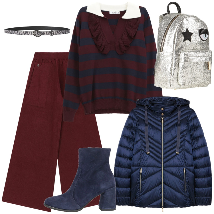 Outfit donna - Confortevole. Stile Casual per Scuola/Università. Abbinamento con stivaletti, zaini, cinture, pullovers, pantaloni a palazzo, piumini.