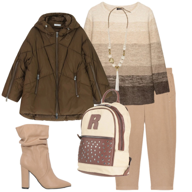 Outfit donna - Golden Hour Glam. Stile Casual chic per Tutti i giorni. Abbinamento con stivaletti, zaini, piumini, maglieria, ciondoli, pantaloni.