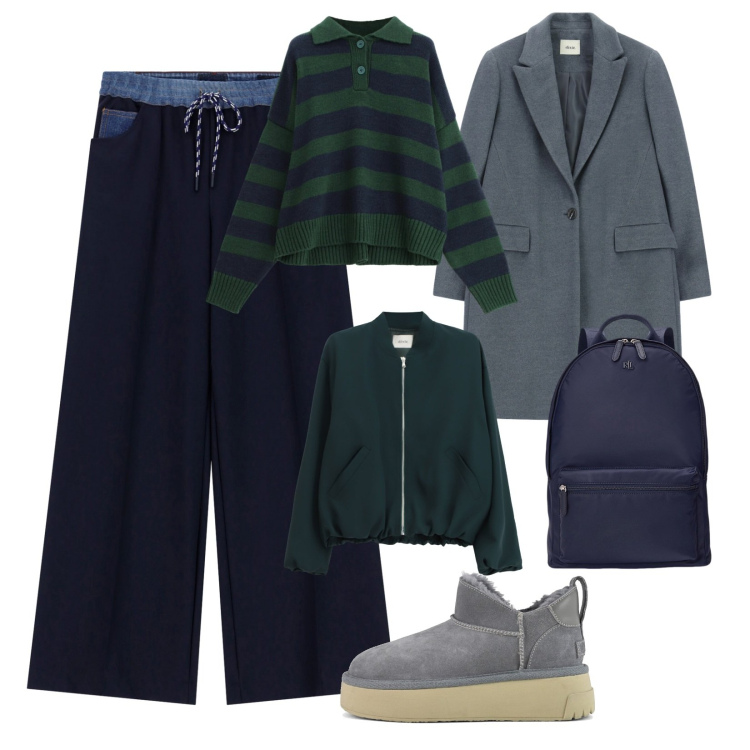 Outfit donna - Cappotto o bomber jacket. Stile Urban per Scuola/Università. Abbinamento con zaini, pantaloni a palazzo, cappotti, bomber, maglieria, stivali.