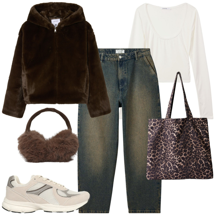 Outfit donna - Gennaio. Stile Casual per Tutti i giorni. Abbinamento con jeans, t-shirt, sneakers, cappelli, shopping bag, ecopellicce.