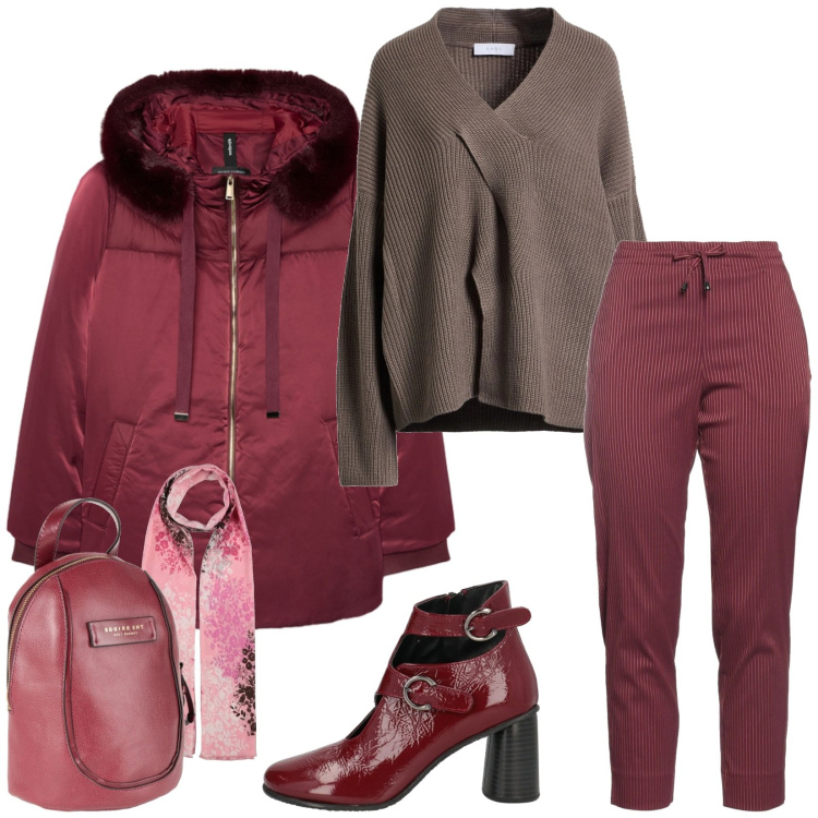 Outfit donna - Total look #2319443. Stile Casual chic per Ufficio. Abbinamento con pullovers, zaini, pantaloni, stivaletti, sciarpe, piumini.