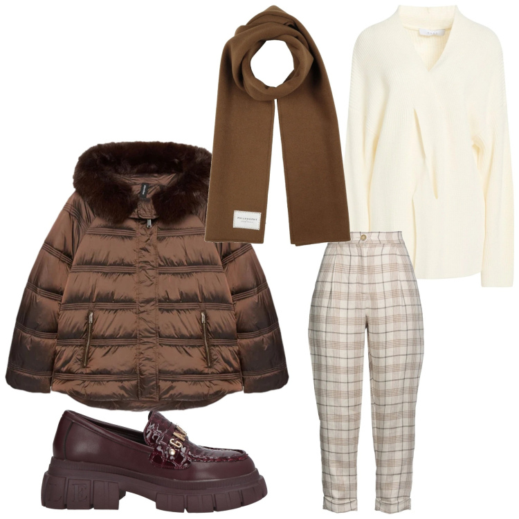 Outfit donna - Calda calda. Stile Casual per Tutti i giorni. Abbinamento con mocassini, pantaloni, pullovers, sciarpe, piumini.