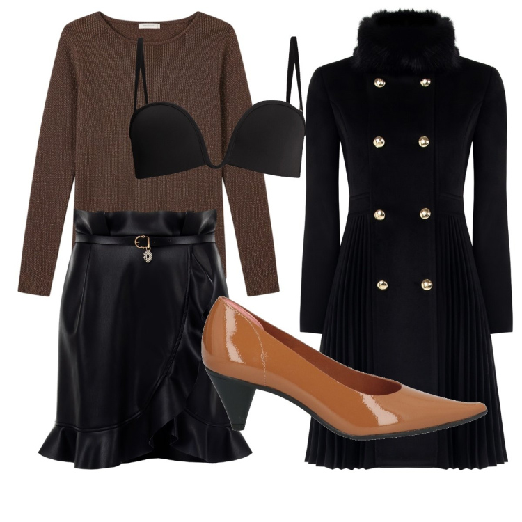 Outfit donna - Trendy. Stile Trendy per Serata fuori. Abbinamento con décolleté, pullovers, cappotti, reggiseni, minigonne.