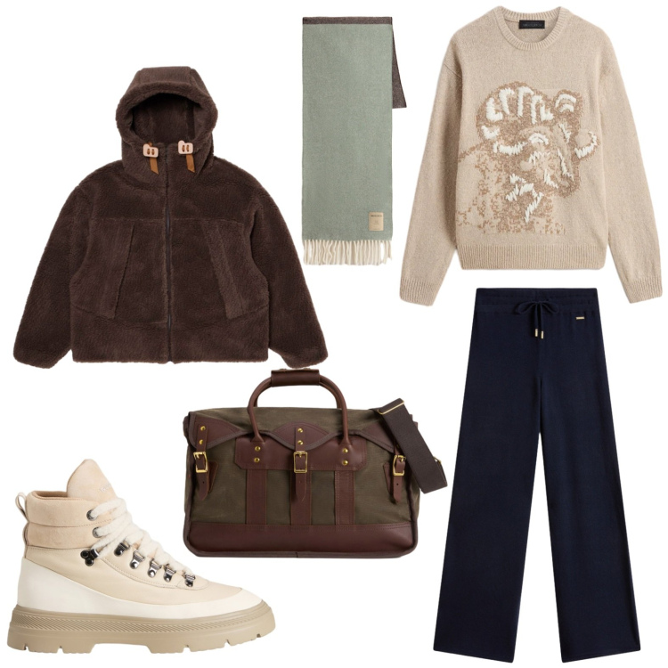 Outfit donna - Total look #2319453. Stile Casual per Scuola/Università. Abbinamento con borse a tracolla, parka, anfibi, maglieria, pantaloni, sciarpe.