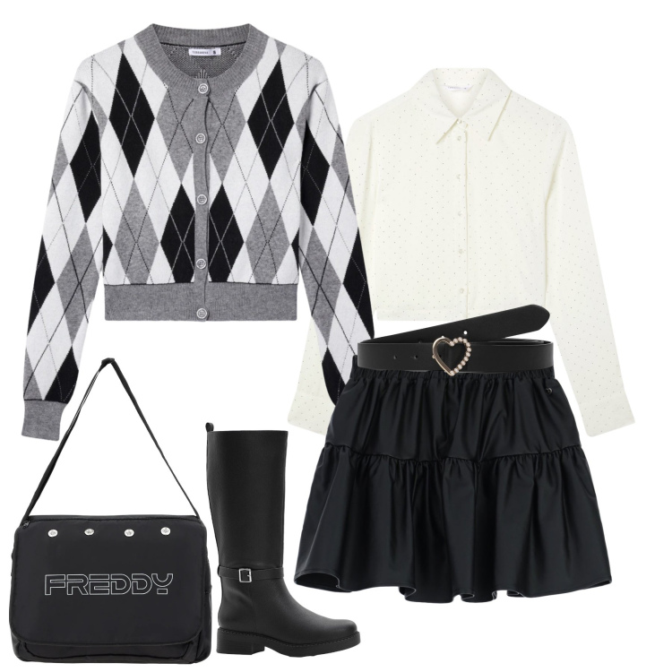 Outfit donna - Preppy Glam. Stile Preppy per Tutti i giorni. Abbinamento con stivali, cinture, camicie, cardigans, minigonne, borse messenger.