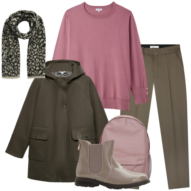 Outfit donna - Total look #2319459. Stile Casual Abbinamento con stivaletti chelsea, zaini, pantaloni chino, sciarpe, blazer, pullovers.