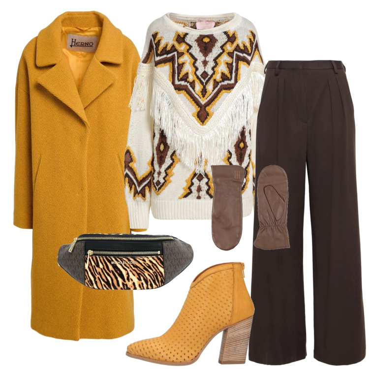 Outfit donna - Total look #2319463. Stile Casual chic per Tutti i giorni. Abbinamento con marsupi, pantaloni, cappotti, stivaletti texani, guanti, pullovers.