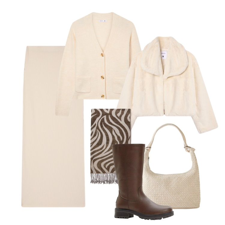 Outfit donna - Comfort caldo minimal. Stile Trendy per Tutti i giorni. Abbinamento con stivali, shopping bag, gonne lunghe, ecopellicce, cardigans, foulard.