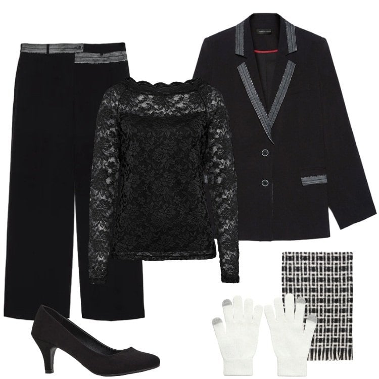 Outfit donna - Total look #2319469. Stile Boho per Serata fuori. Abbinamento con maglieria, décolleté, guanti, blazer, pantaloni, sciarpe.