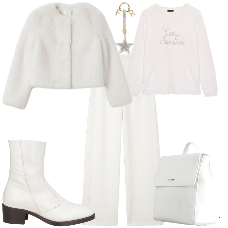 Outfit donna - Sport chic in bianco nuova stagione. Stile Sporty chic per Tutti i giorni. Abbinamento con stivaletti, zaini, pantaloni, ecopellicce, portachiavi, maglieria.