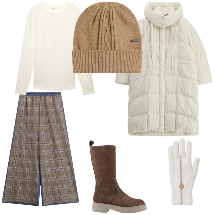 Outfit donna - Minimal. per Tutti i giorni. Abbinamento con stivali, t-shirt, pantaloni a palazzo, piumini, berretti, guanti.