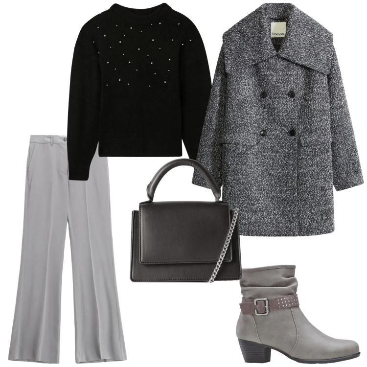 Outfit donna - Tonalità di grigio. per Tutti i giorni. Abbinamento con stivaletti, cappotti, maglieria, borse a tracolla, pantaloni.