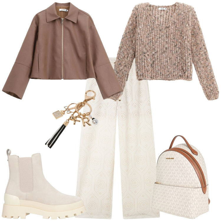 Outfit donna - Sporty chic nuova stagione. Stile Sporty chic per Tutti i giorni. Abbinamento con zaini, stivaletti chelsea, maglieria, blazer, pantaloni, portachiavi.