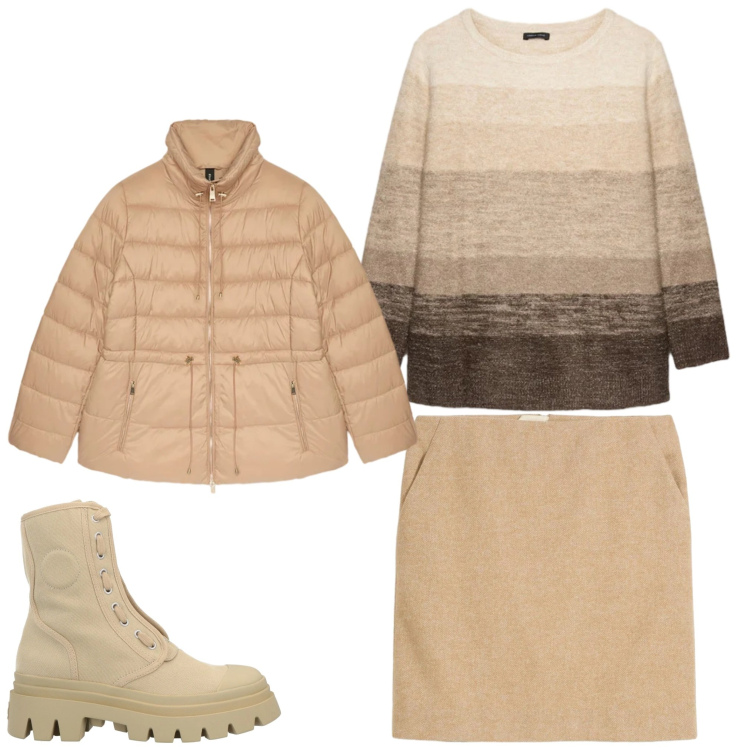 Outfit donna - Toni chiari. Stile Casual per Tutti i giorni. Abbinamento con gonne, stivaletti, piumini, maglieria.