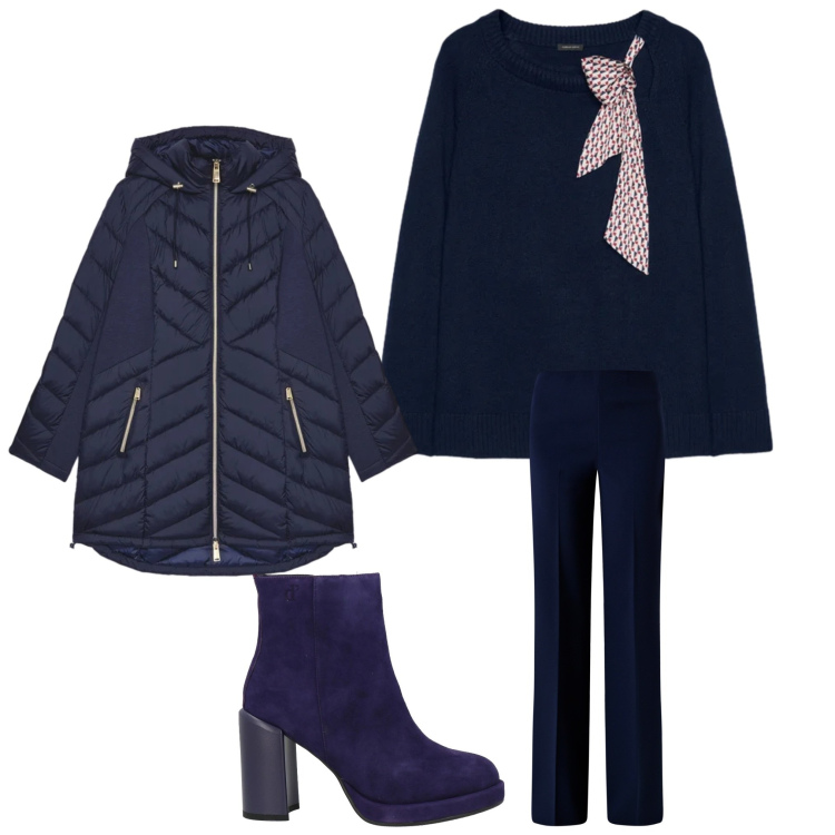Outfit donna - Blu chic. Stile Casual chic per Tutti i giorni. Abbinamento con stivaletti, pantaloni a palazzo, piumini, maglieria.
